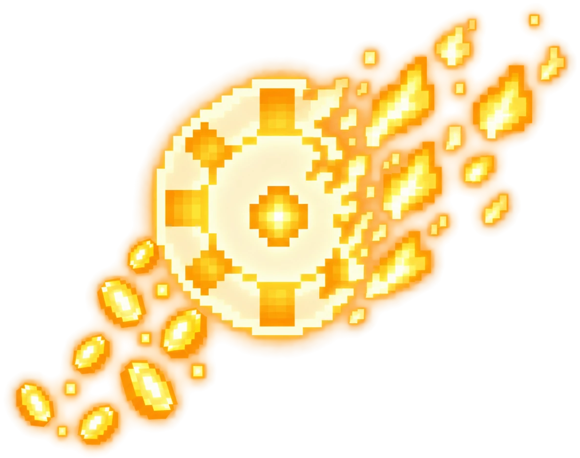 A chip shedding coins on one side and burning on the other